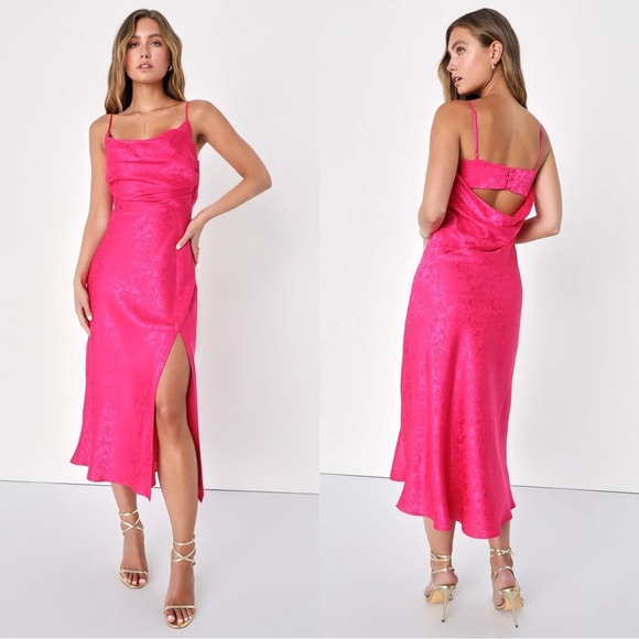Lulus Dresses & Skirts - Lulus Stunning Radiance Hot Pink Satin Jacquard Cowl Midi Dress Size Medium NWT